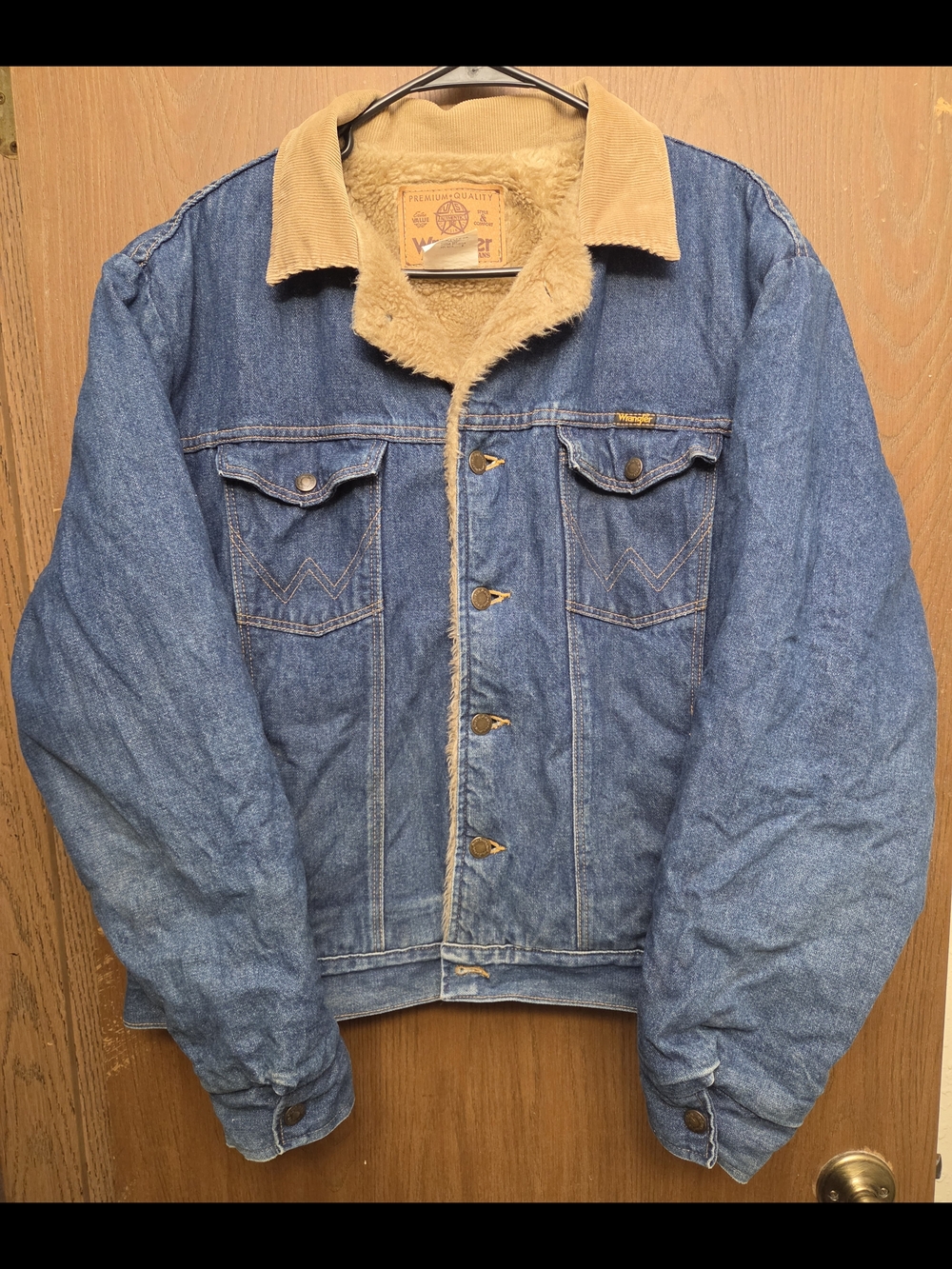 Wrangler Sherpa-Lined Blue Denim Jacket with Tan Corduroy Collar